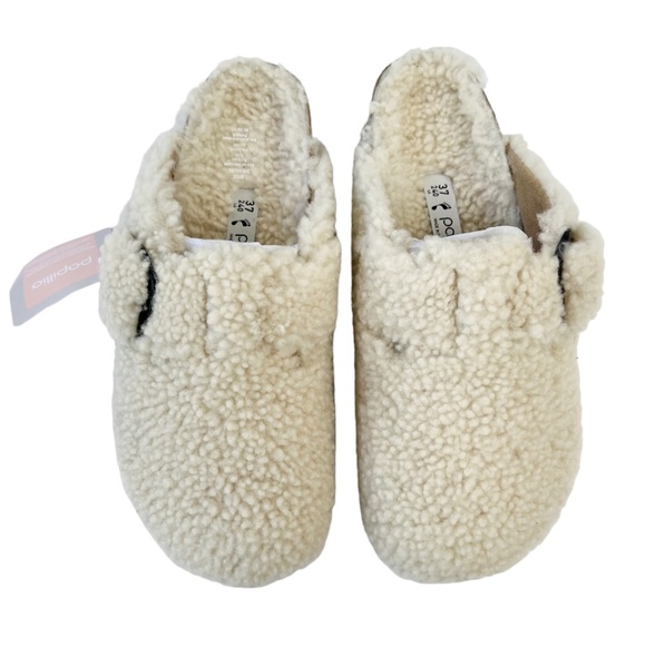 New Birkenstock x Papillo Boston Teddy Shearling Platform Clog in Eggshell - Picture 4 of 10